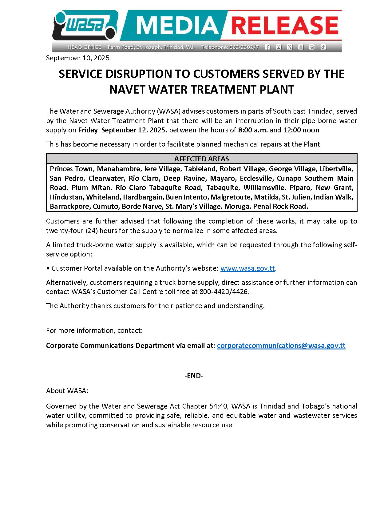 Supply disruption to customers served by the Navet Water Treatment Plant